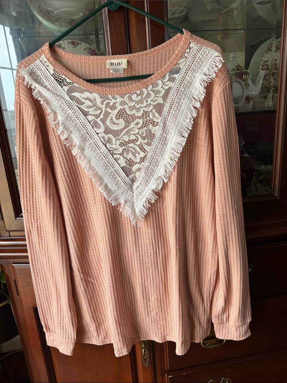 BiBi Peach Knit Sweater with White Lace V-Inset